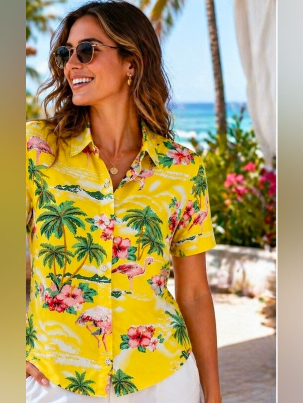 SSLR Tropical Flamingo Hawaiian  Resort Vacation Cruise Beach Button Up Small